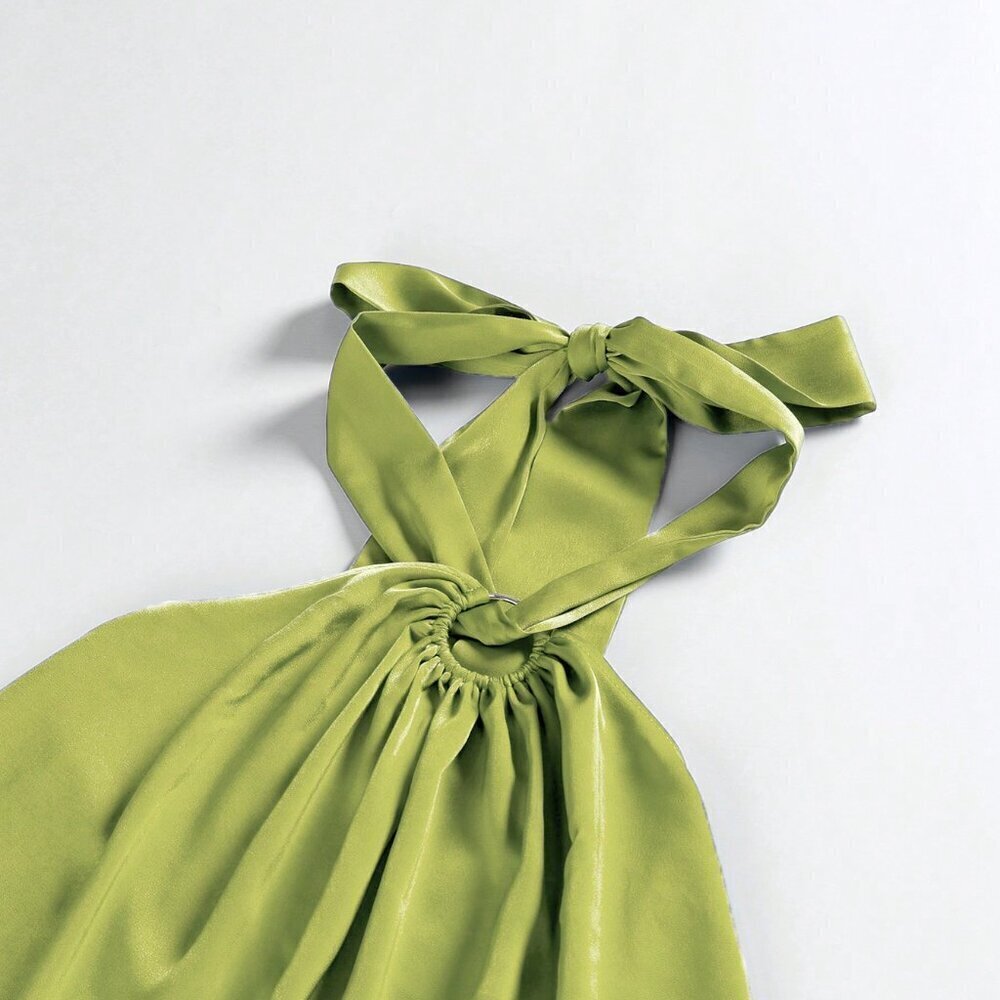 Green Casual Women's O-Ring Sleeveless Self-Tie Halter Backless Maxi Dress - Picture 4 of 5